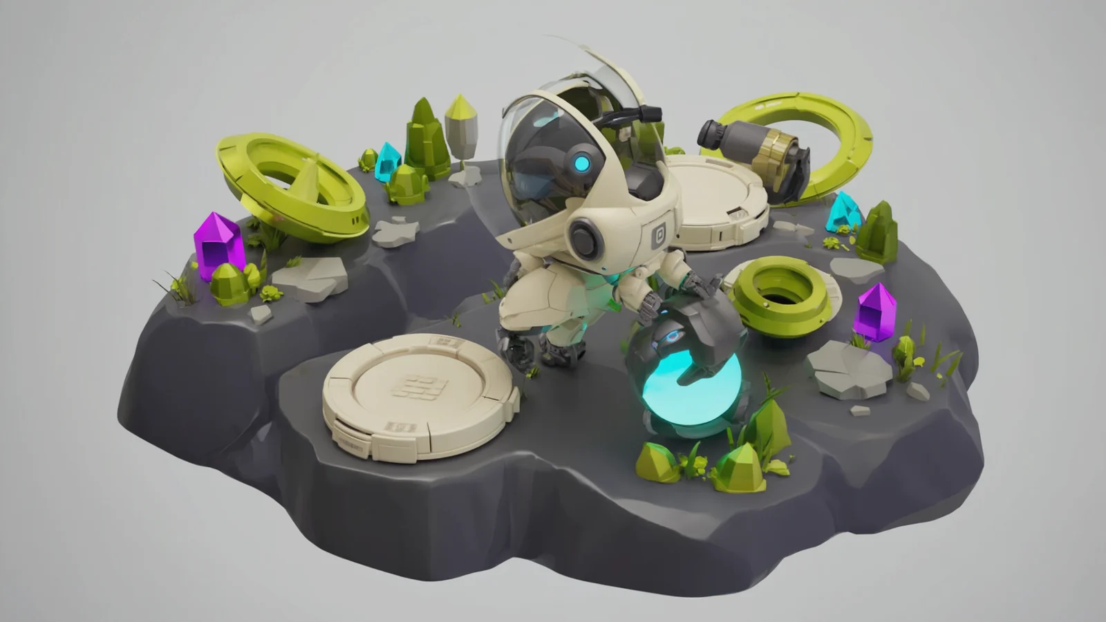 Dunia game imajinatif dengan pulau terapung dan bentuk arcade futuristis